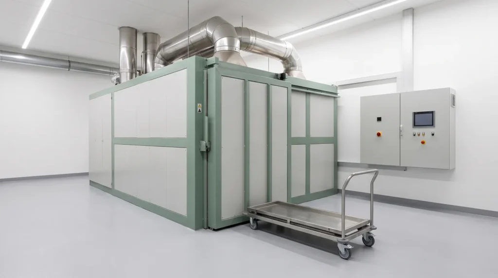 Moderner Kremationsofen mit grün lackierter Front, Abluftführung und Steuerschrank in einer hellen Technikhalle